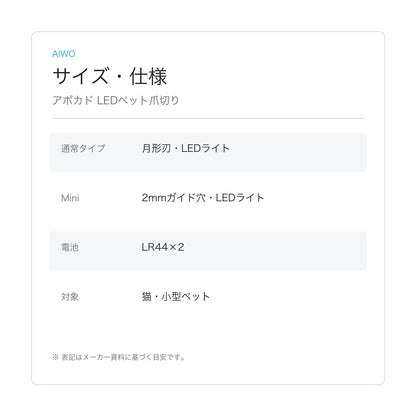 【Aiwo】アボカド LEDペット爪切り サイズ・仕様