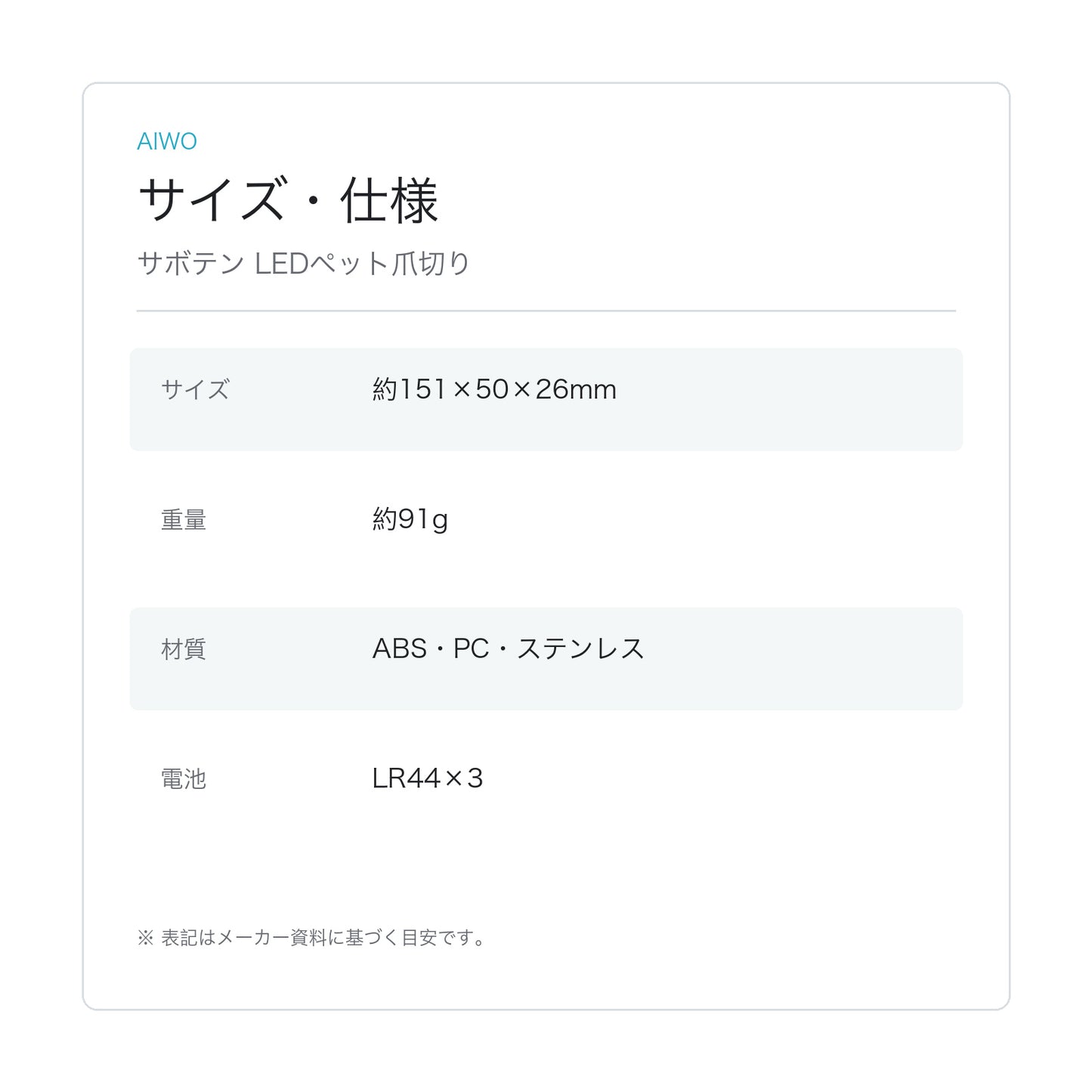 【Aiwo】サボテン LEDペット爪切り サイズ・仕様