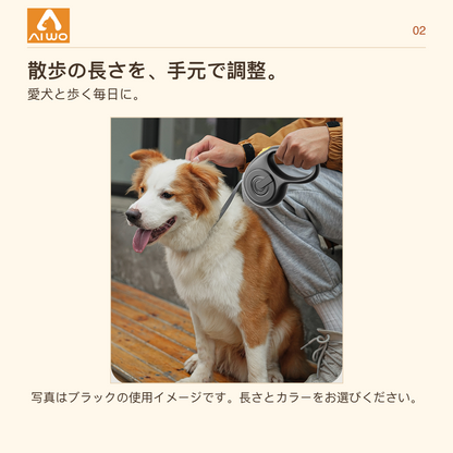 AIWO サイクロン伸縮リードを手に持ち犬と過ごす公式使用イメージ